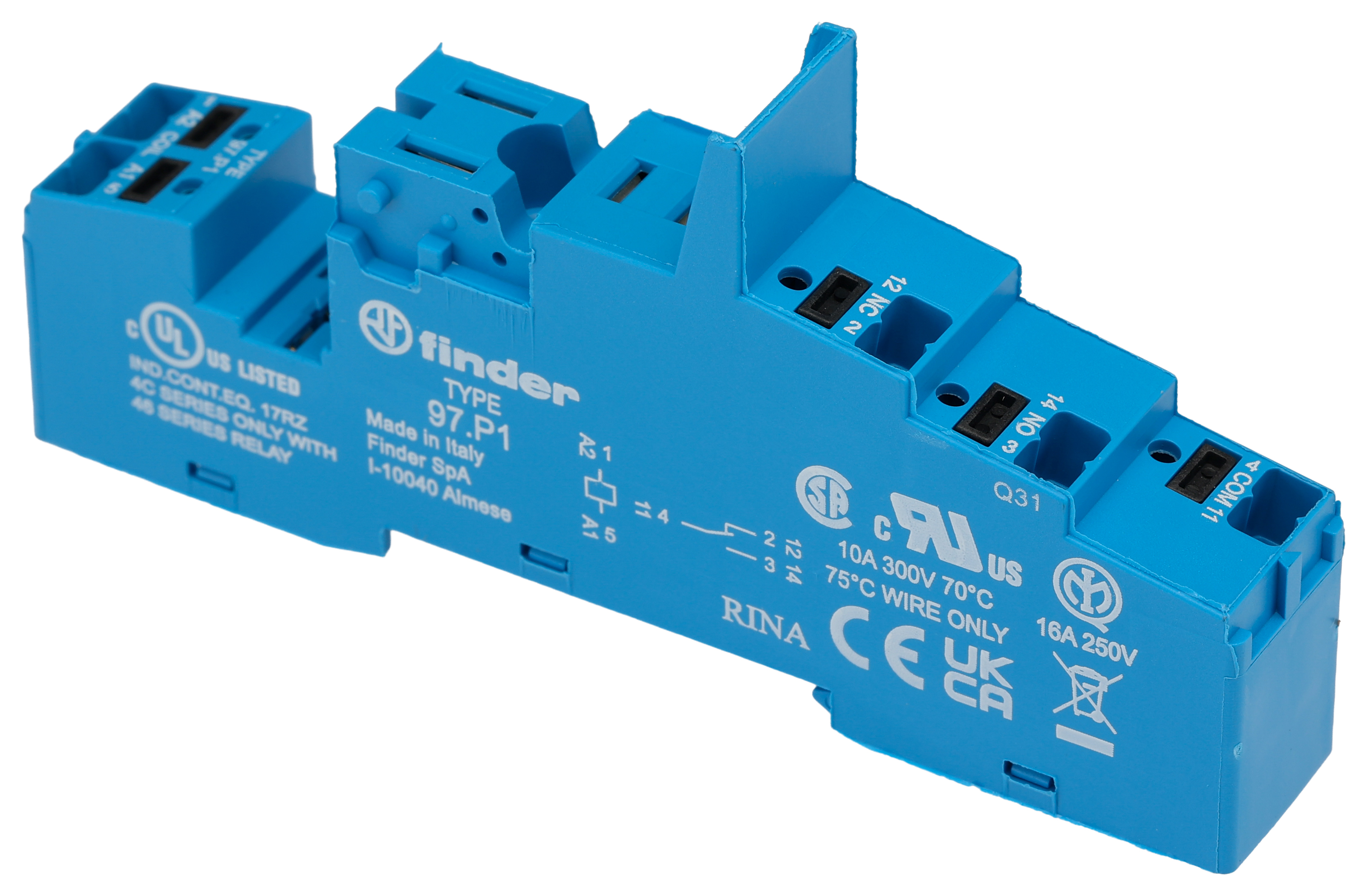 Finder 97 5 Pin 250V ac DIN Rail Relay Socket, for use with 46.61 Relay
