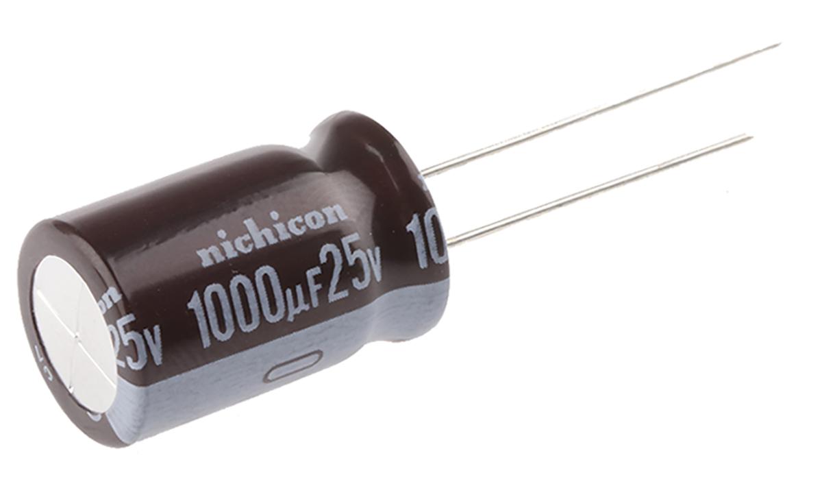 Nichicon 1000μF Aluminium Electrolytic Capacitor 25V dc, Radial, Through Hole - UPW1E102MHD