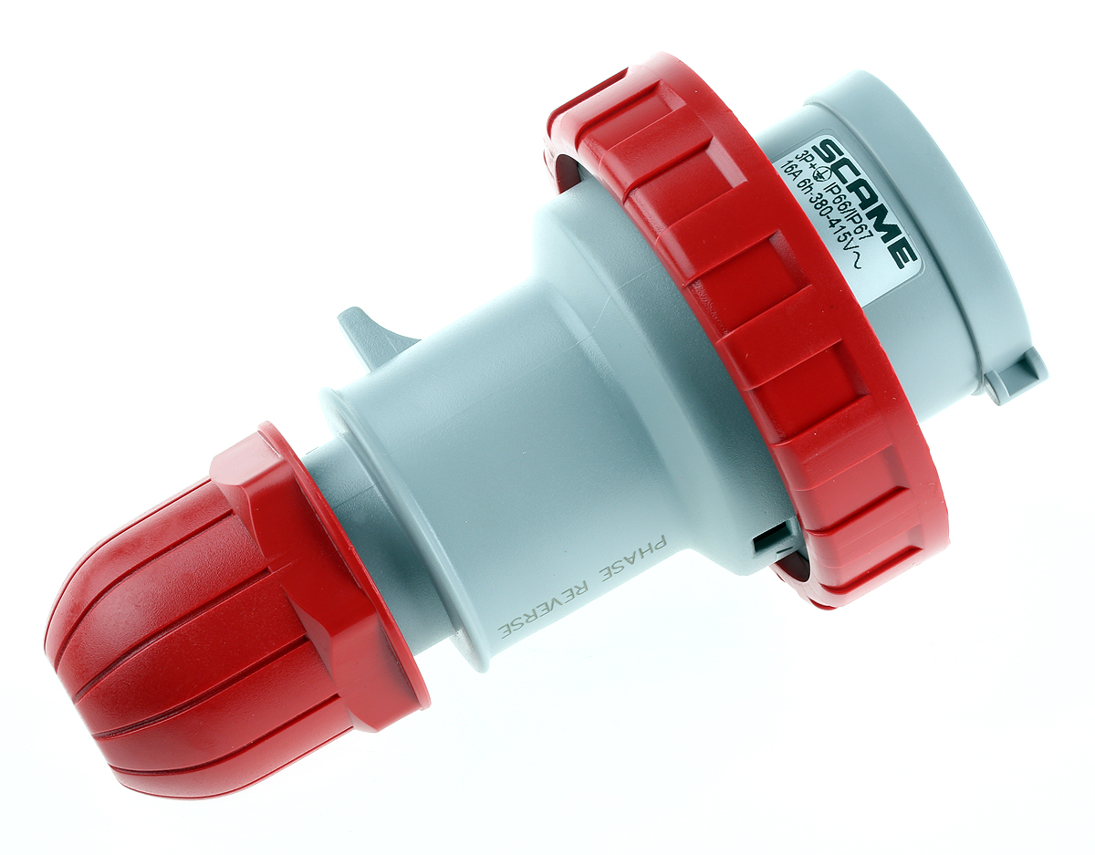 Scame IP66, IP67 Red Cable Mount 3P + E Industrial Power Connector Adapter Plug, Rated At 16A, 415 V,With Phase Inverter