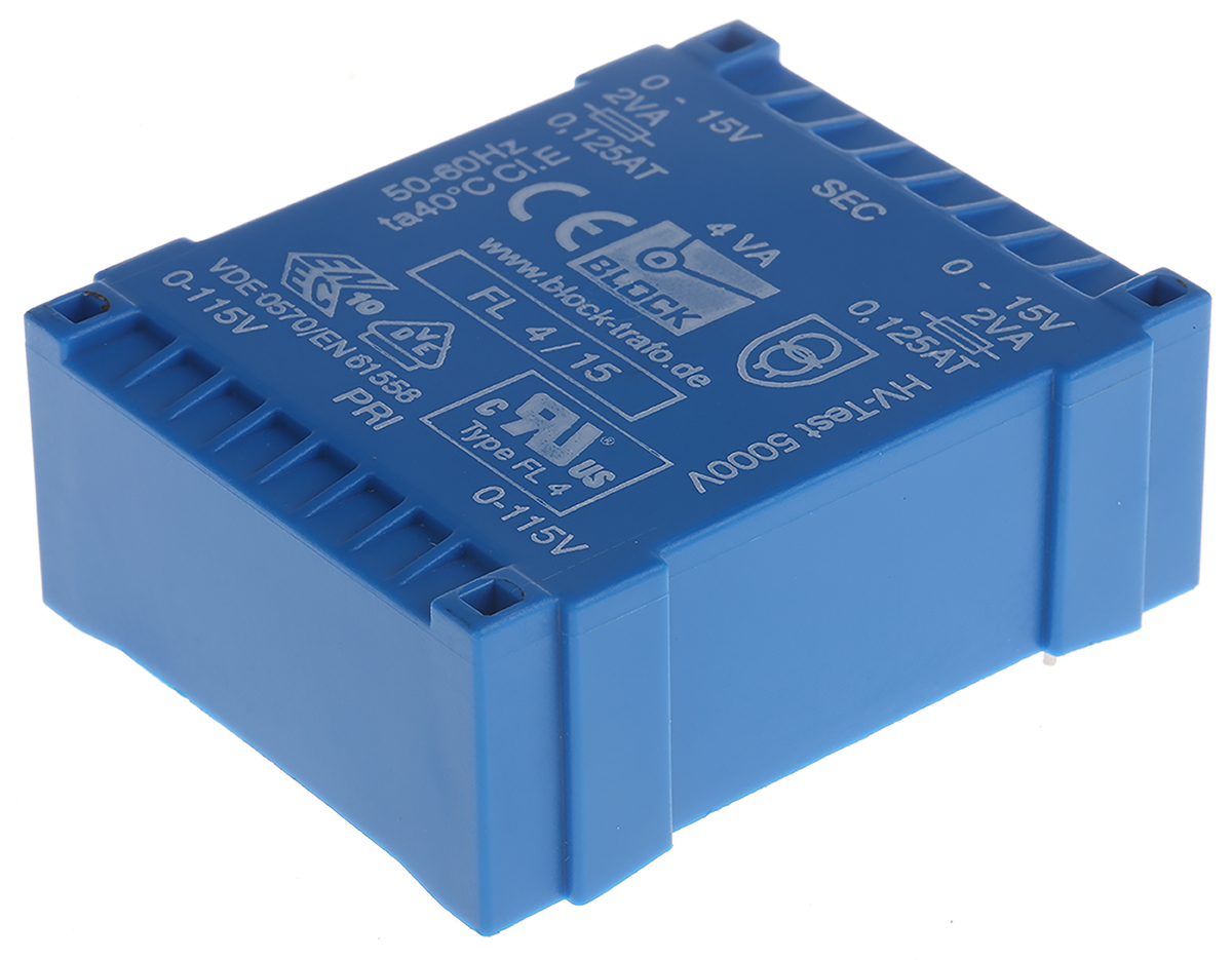 Block 15V ac 2 Output Through Hole PCB Transformer, 4VA