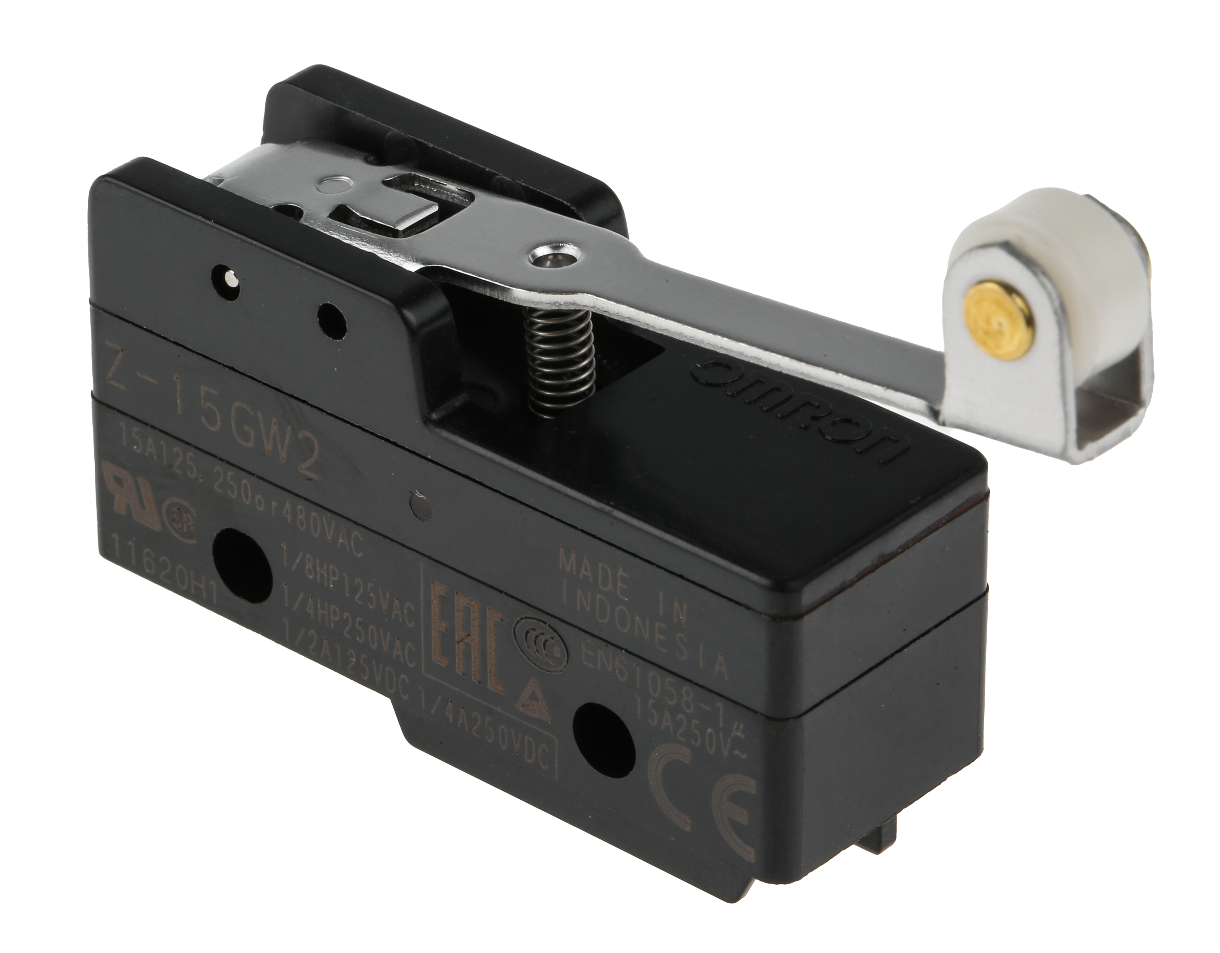 Omron Z Series Roller Lever Limit Switch, NO/NC, IP00, SPDT, Thermosetting Resin Housing, 500V ac Max, 15A Max