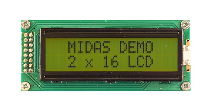 Midas MC21605B6WD-SPTLY-V2 Alphanumeric LCD Display, Black on Yellow/Green, 2 Rows by 16 Characters, Transflective