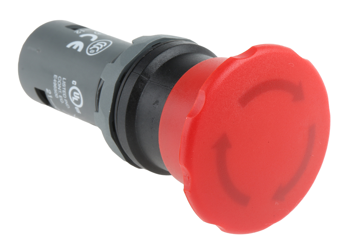 ABB 1SFA Series Twist Release Emergency Stop Push Button, Panel Mount, 22.5mm Cutout, 1NC, IP66, IP67, IP69K
