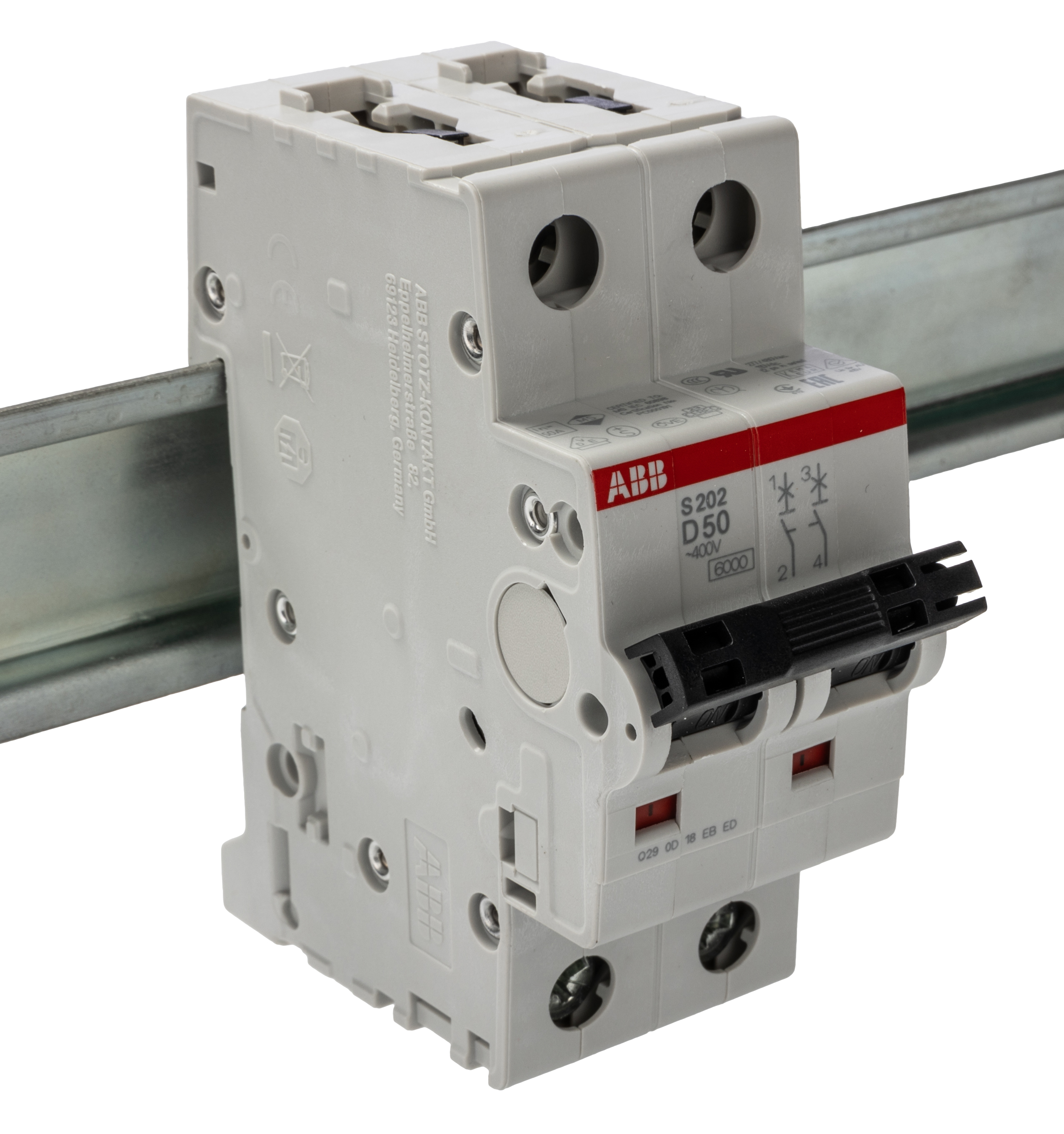 ABB System Pro M Compact S200 MCB, 2P, 50A Curve D, 400V AC, 125V DC, 10 kA Breaking Capacity
