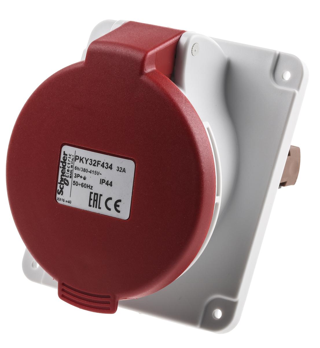 Schneider Electric, PratiKa IP67 Red Panel Mount 3P + E Right Angle Industrial Power Socket, Rated At 32A, 415 V