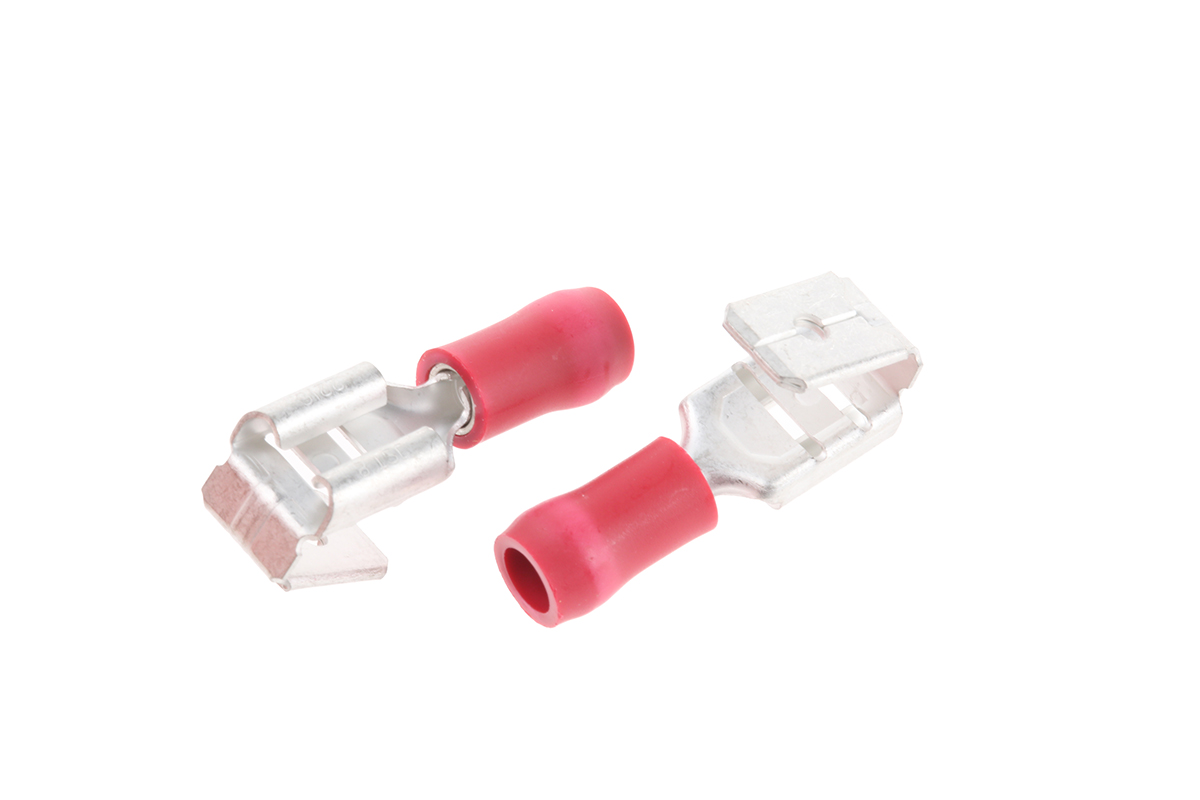 JST FVDDFM Red Insulated Female Spade Connector, Piggyback Terminal, 6.3 x 0.8mm Tab Size, 0.25mm² to 1.65mm²