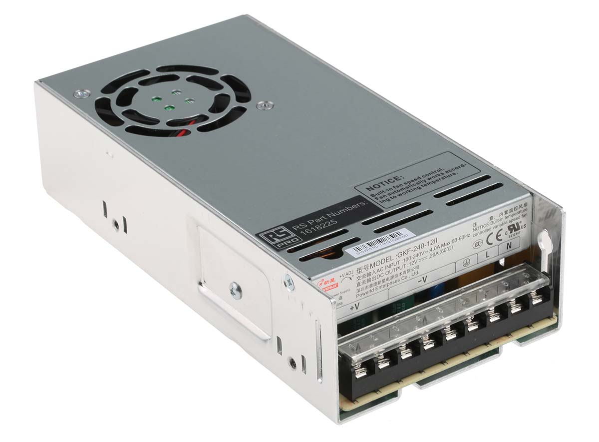 RS PRO Switching Power Supply, 12V dc, 20A, 240W, 1 Output, 85 → 264V ac Input Voltage