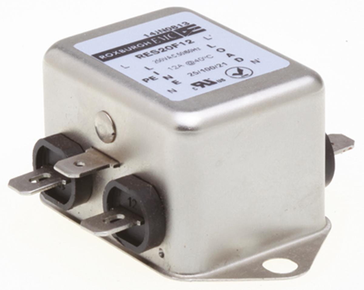 Roxburgh EMC, RES20 12A 250 V ac DC → 400Hz, Chassis Mount RFI Filter, Fast-On, Single Phase