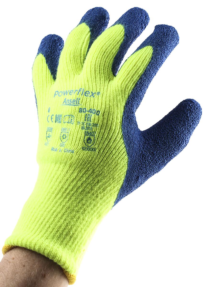 Ansell PowerFlex Yellow Acrylic Work Gloves, Size 8, Latex Coating