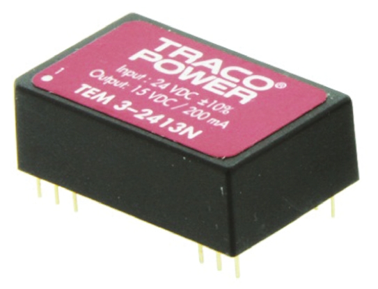 TRACOPOWER TEM 3N DC-DC Converter, ±15V dc/ ±100mA Output, 4.5 → 5.5 V dc Input, 3W, Through Hole, +85°C Max