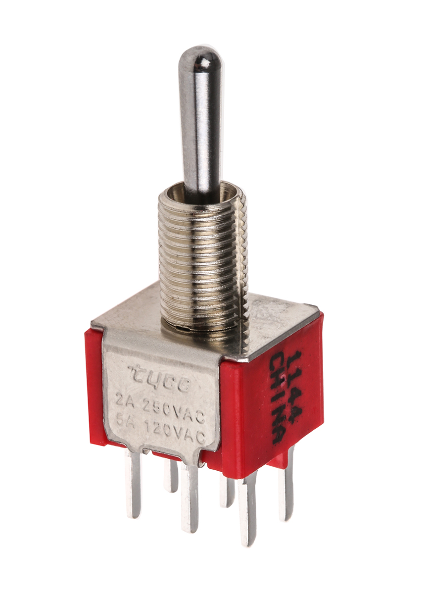 TE Connectivity Toggle Switch, PCB Mount, (On)-Off-(On), DPDT, Through Hole Terminal, 120 V ac, 28V dc