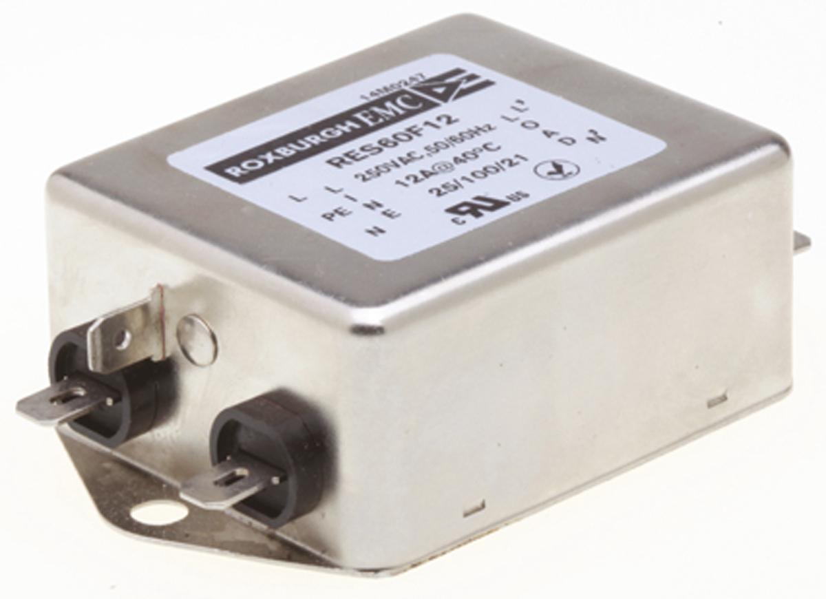 Roxburgh EMC, RES60 12A 250 V ac DC → 400Hz, Chassis Mount RFI Filter, Fast-On, Single Phase