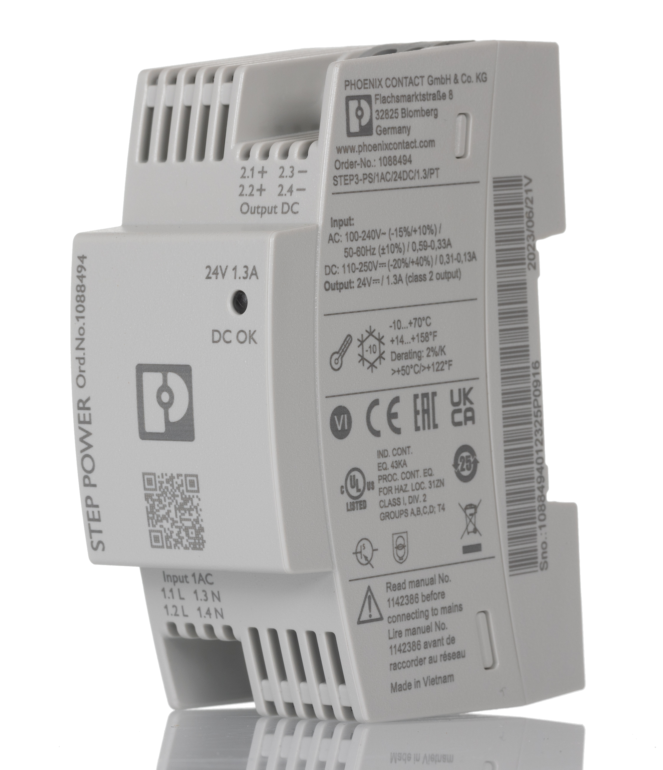 Phoenix Contact STEP POWER Switched Mode DIN Rail Power Supply, 100 → 240 V, 110 → 250 V ac Input, 24V dc
