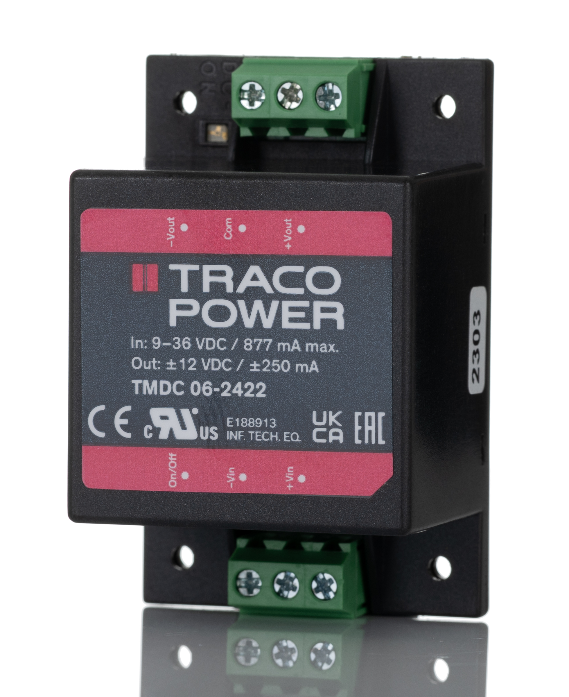 TRACOPOWER TMDC 06 DC-DC Converter, ±12V dc/ ±250mA Output, 9 → 36 V dc Input, 6W, Chassis Mount, +80°C Max Temp