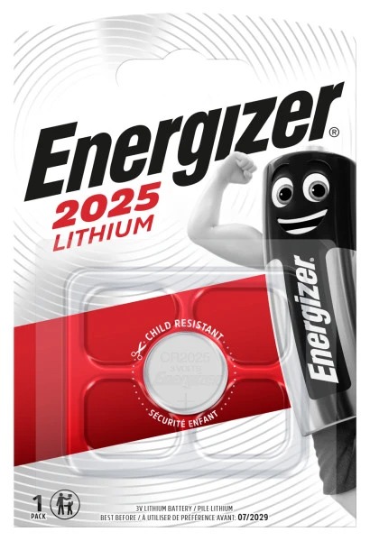 Energizer CR2025 Button Battery, 3V, 20mm Diameter, Single