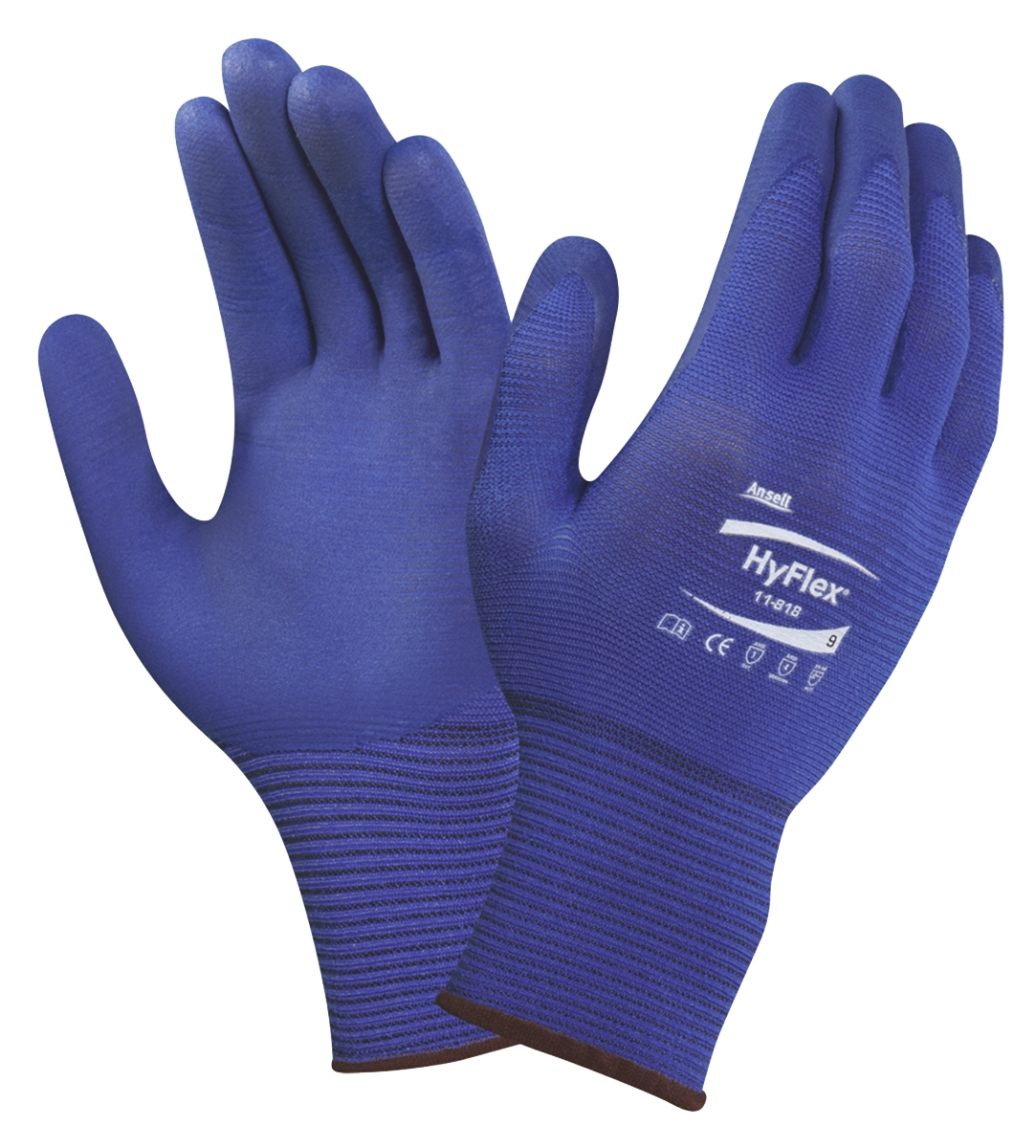 Ansell Hyflex Blue Nylon, Spandex Work Gloves, Size 9, Nitrile Foam Coating