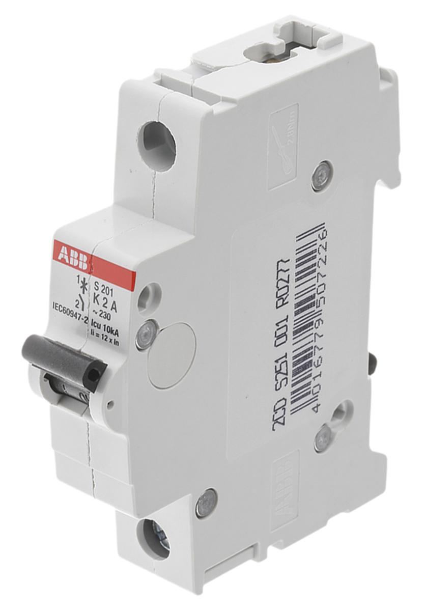 ABB System Pro M Compact S200 MCB, 1P, 2A Curve K, 253V AC, 72V DC, 6 kA Breaking Capacity