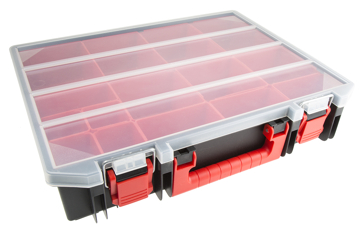 RS PRO 15 Cell Black, Red Polypropylene Compartment Box, 91mm x 416mm x 336mm