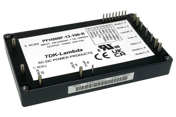 TDK-Lambda Switching Power Supply, PFH500F-12-0D0-R, 12V dc, 42A, 504W, 1 Output, 85 → 265V ac Input Voltage