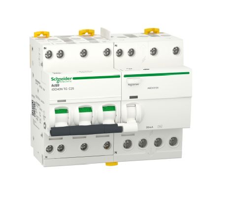 Schneider Electric RCBO, 32A Current Rating, 3P+N Poles, 30mA Trip Sensitivity, Type C, Acti9 Range
