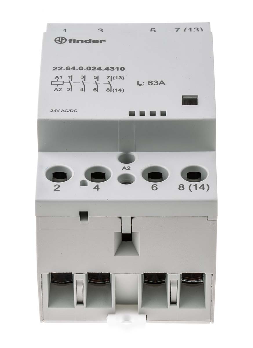 Finder 22 Contactor, 24 V ac/dc Coil, 4-Pole, 63 A, 5 W, 4 NO