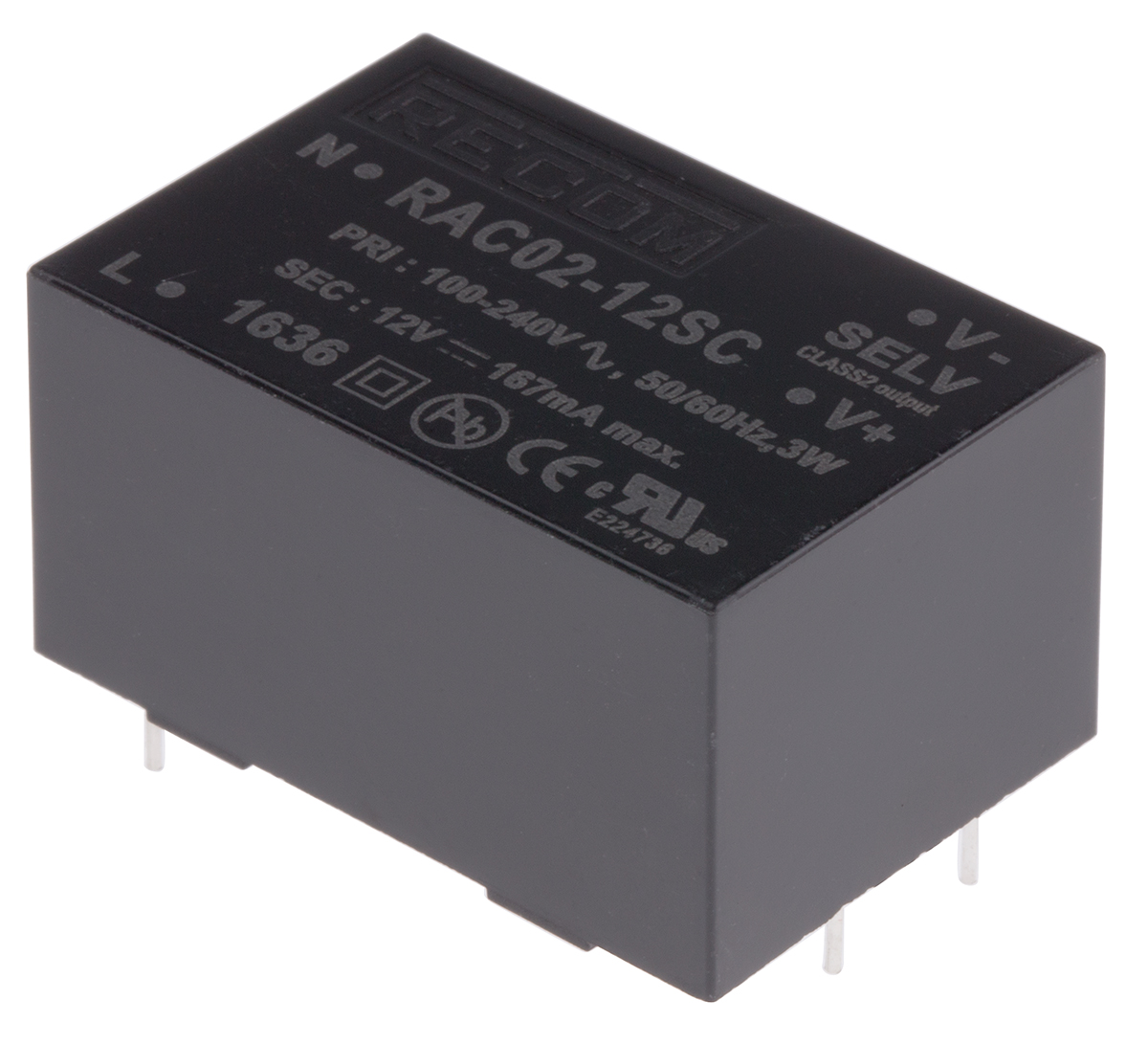 Recom Switching Power Supply, RAC02-12SC, 12V dc, 167mA, 2W, 1 Output, 90 → 277V ac Input Voltage