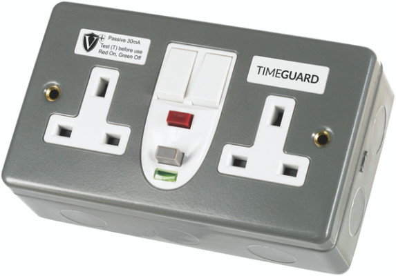 Timeguard 13A, BS 7288 Fixing, Passive, 2 Gang RCD Socket, Steel, Surface Mount , Switched No, 230 V ac, Grey, Screwed