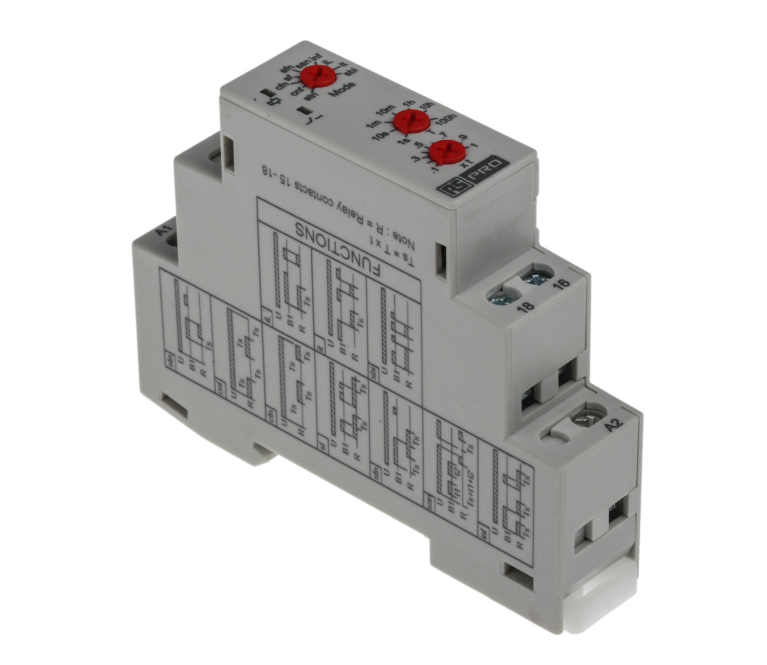 RS PRO DIN Rail Mount Timer Relay, 12 → 240V ac/dc, 1-Contact, 0.1 s → 100h, CO
