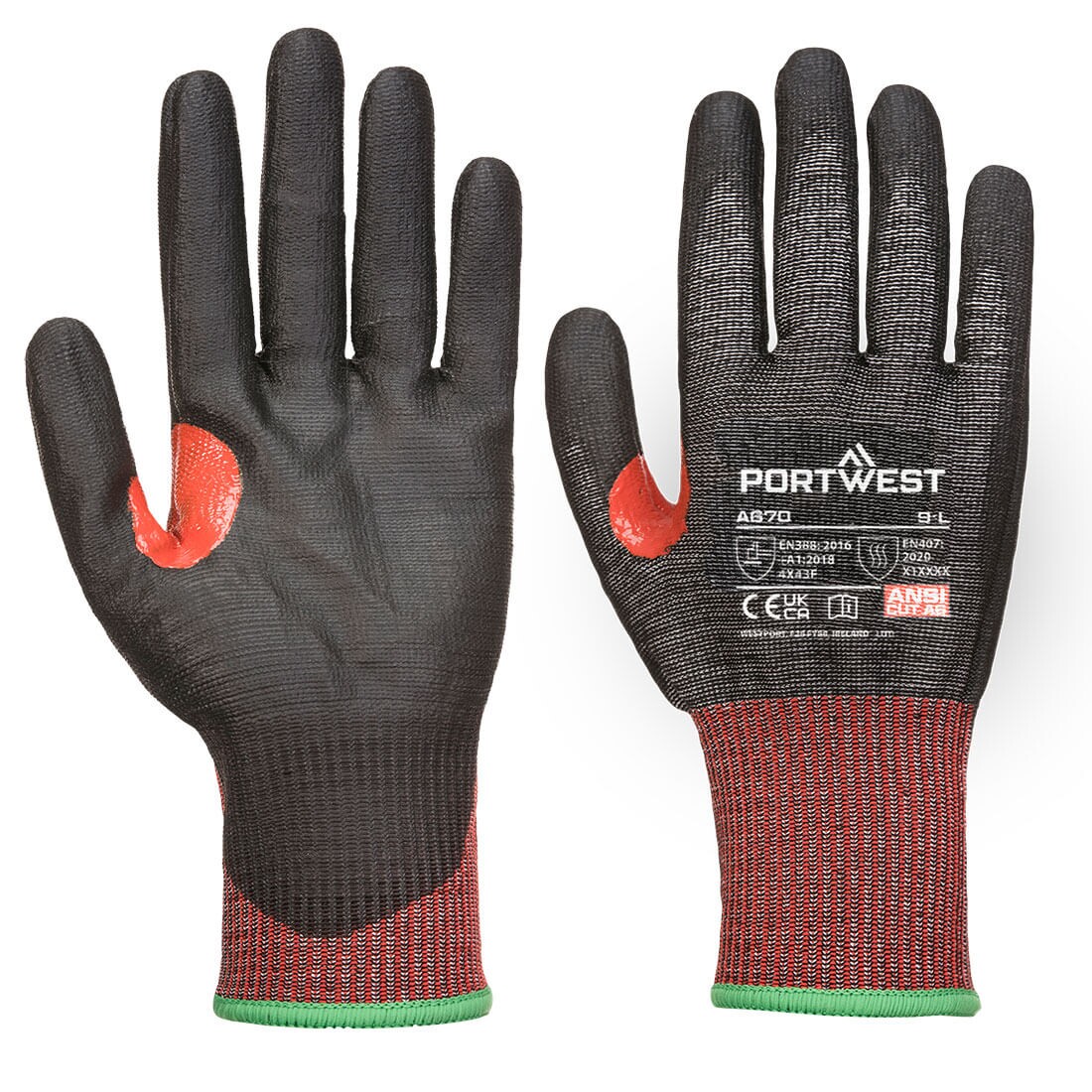 Portwest Black High Performance Polyethylene, Polyurethane, Fibreglass, Elastane, Nylon Cut Resistant Gloves 54 mm