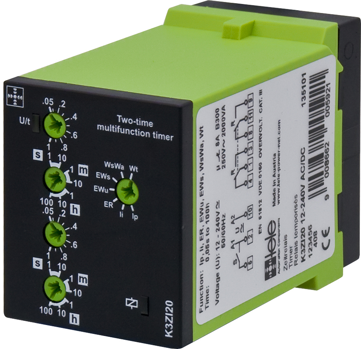 Tele K3ZI20 Series Plug In Timer Relay, 12 → 240V ac/dc, 2-Contact, 1 s → 100h, DPDT
