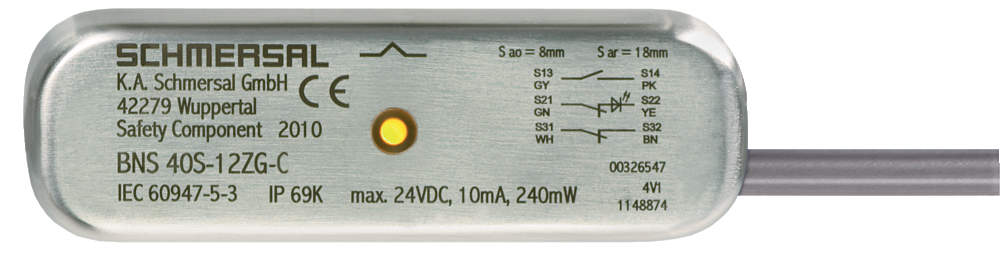 Schmersal BNS 40S Series Non-Flush Magnetic Safety Switch, Stainless Steel Housing, NO/2NC, 5m Cable