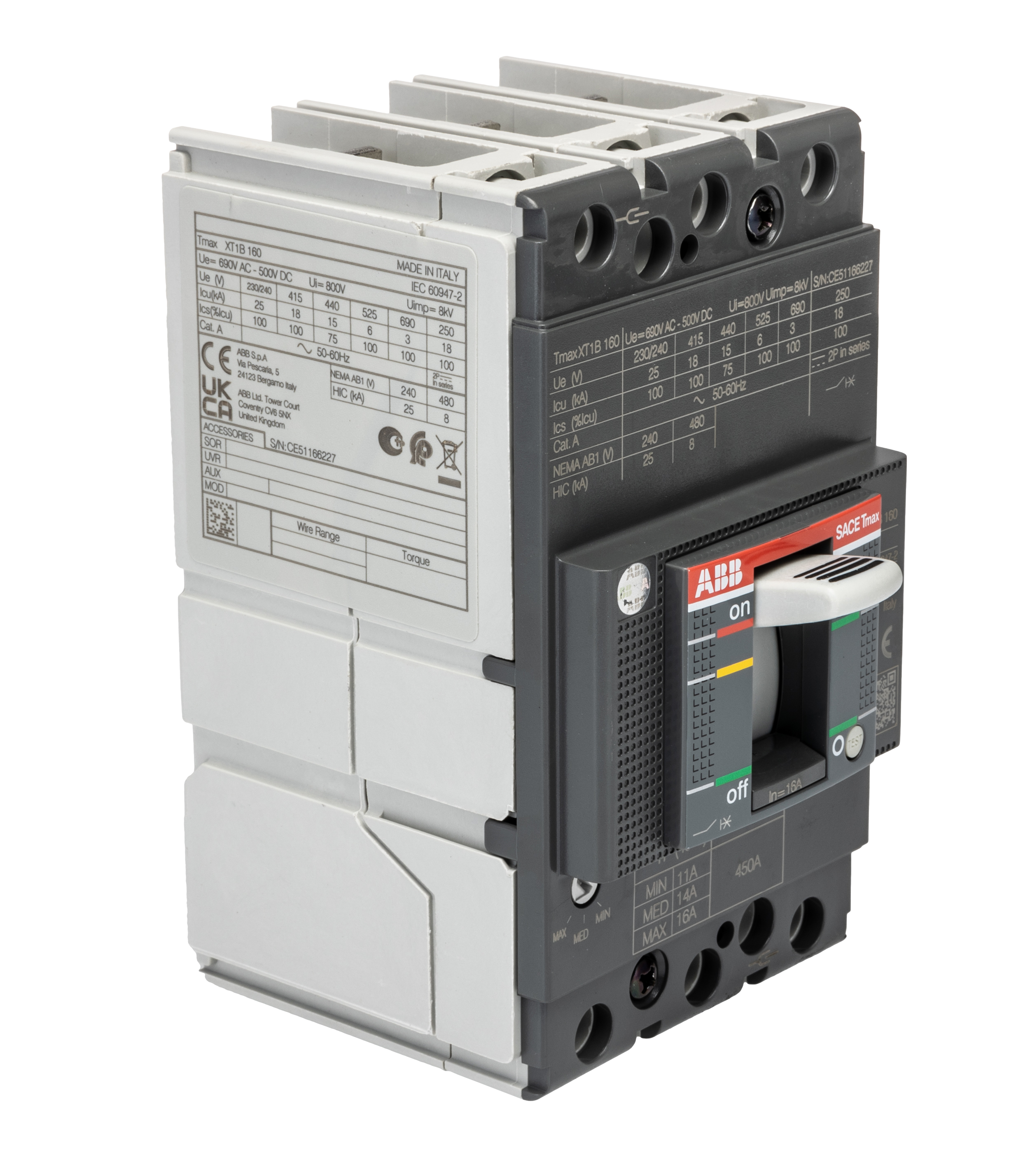 ABB, SACE Tmax XT MCCB Molded Case Circuit Breaker 3P 16A, Breaking Capacity 25 kA, Fixed Mount