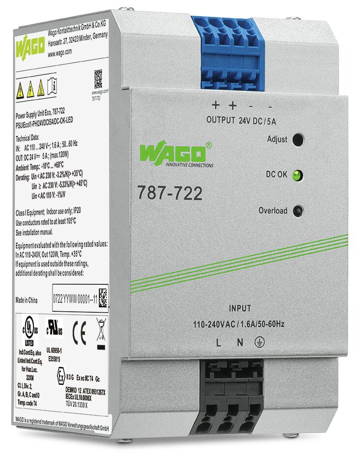 WAGO 787 Switched Mode DIN Rail Power Supply, 230V ac, dc Input, 24V dc dc Output, 5A Output, 120W