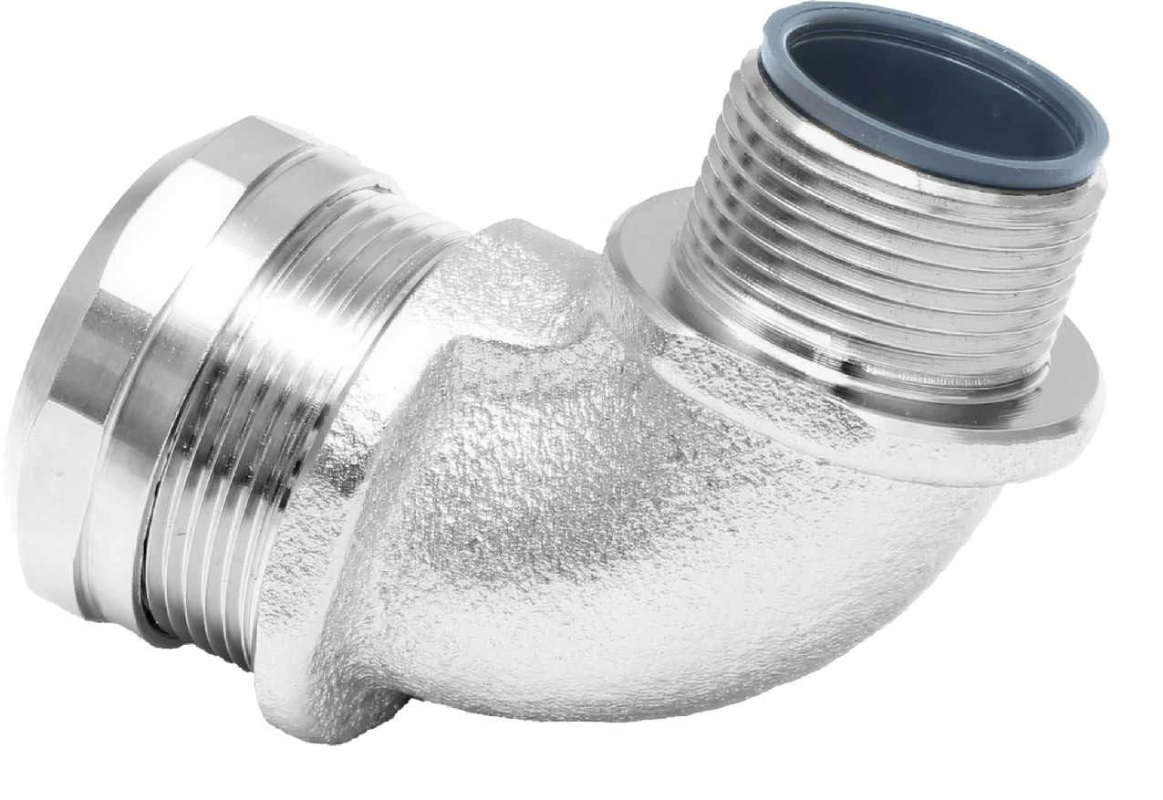 RS PRO 90° Elbow, Conduit Fitting, 32mm Nominal Size, M32, Brass, Silver IP67 rating