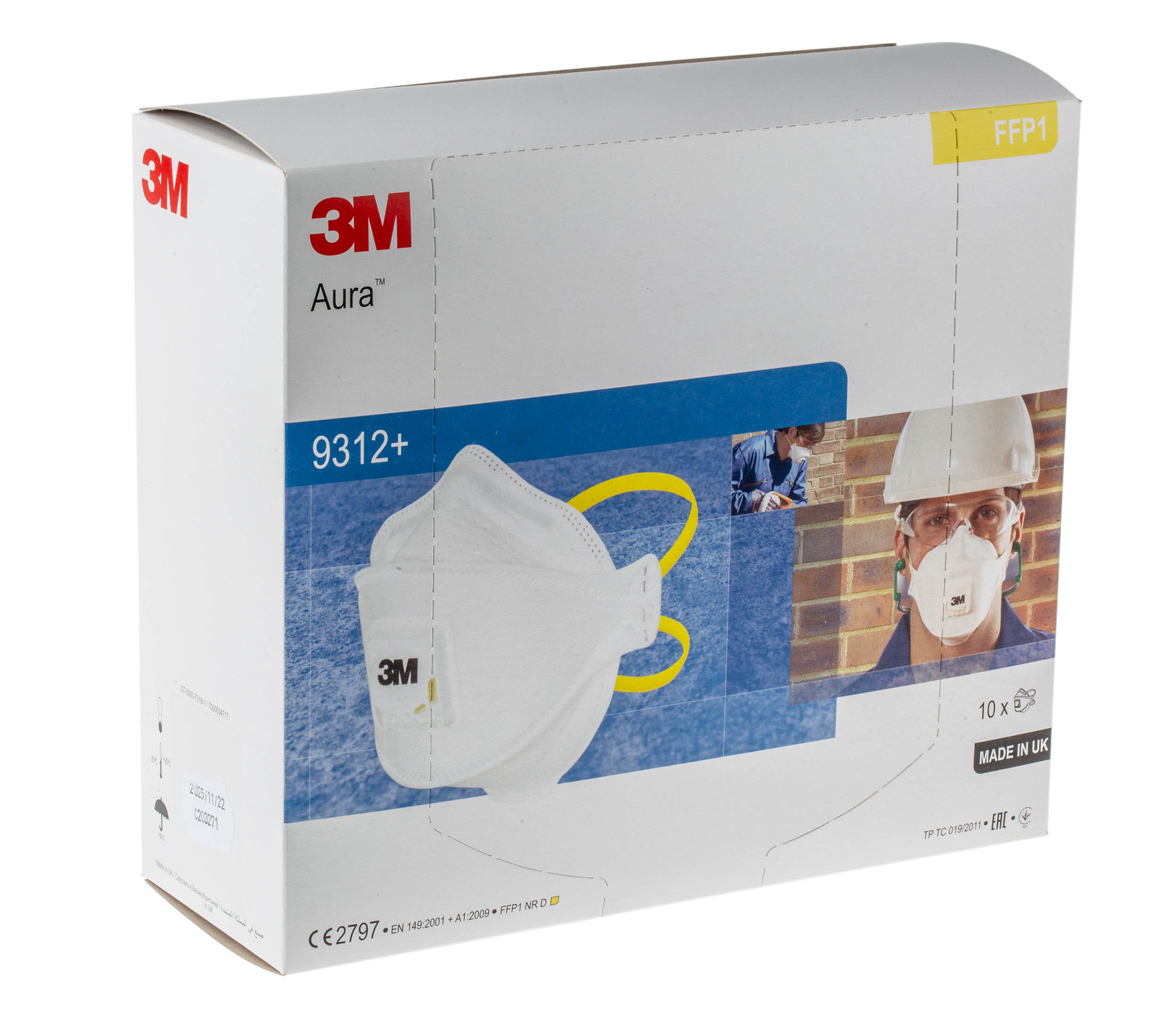 3M Aura+ Series Disposable Face Mask for General Purpose Protection, FFP1, Valved, Fold Flat 10 per Package