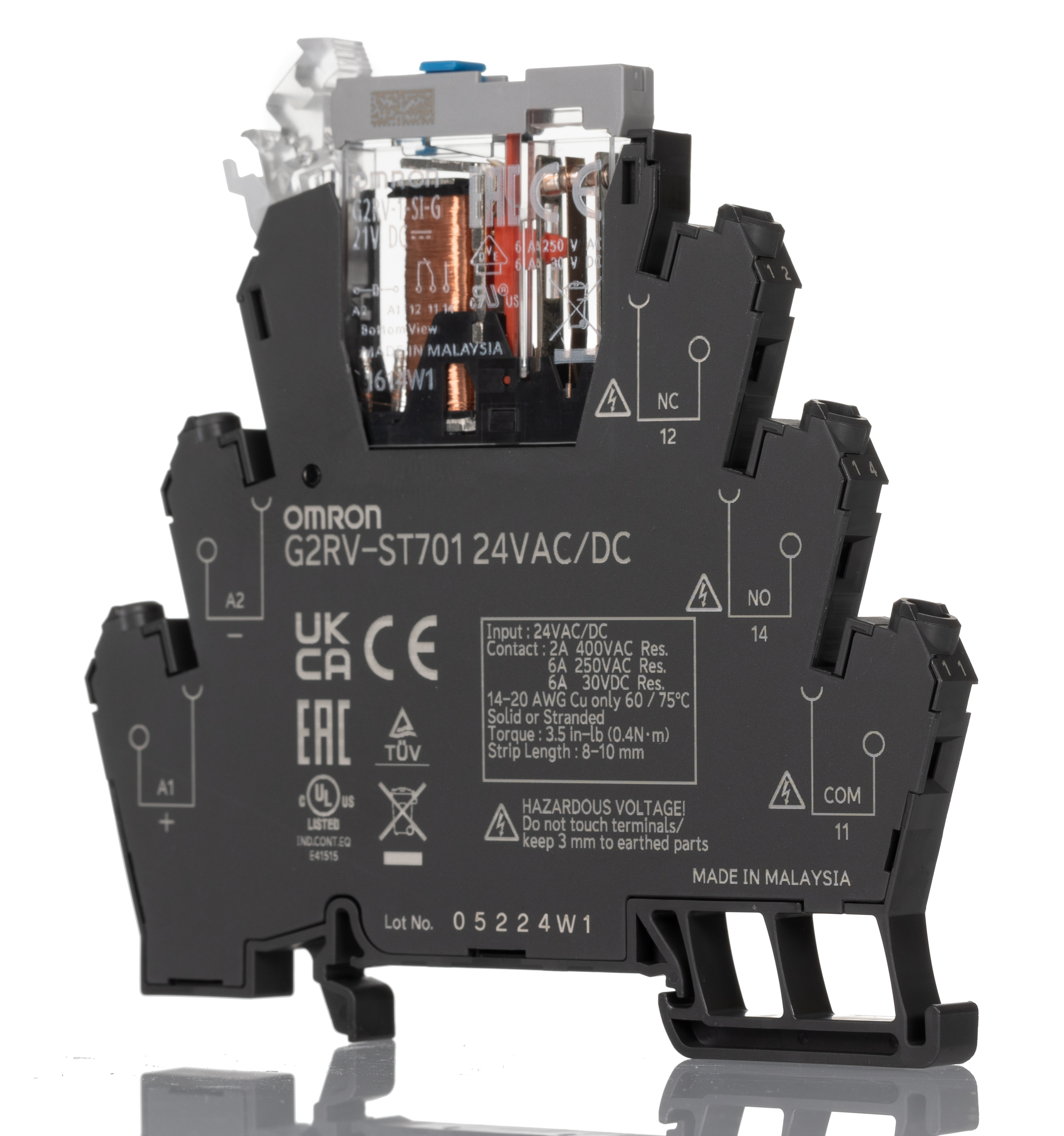 Omron G2RV-ST Series Electromechanical Interface Relay, DIN Rail Mount, 24V ac/dc Coil, SPDT, 1-Pole, 6A Load