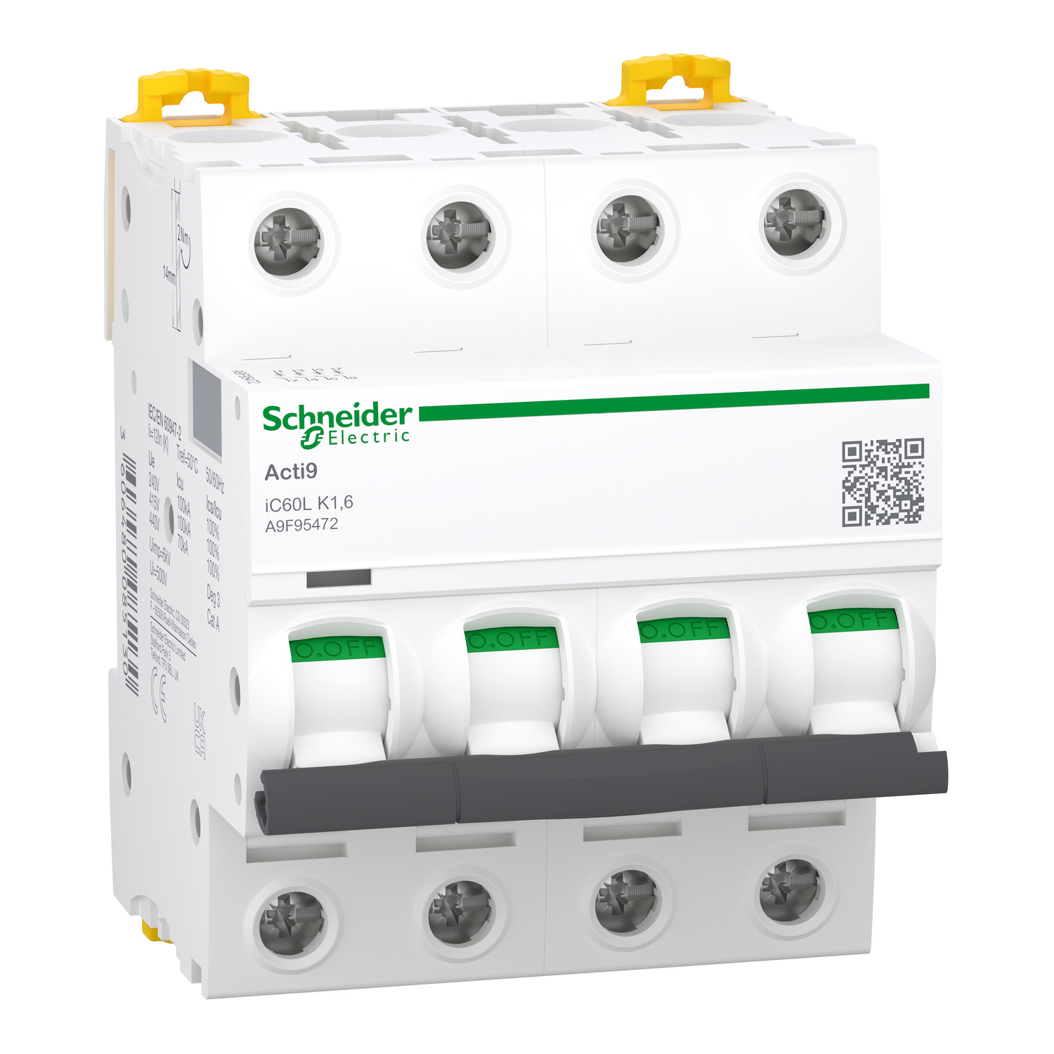 Schneider Electric Acti9 iC60 MCB Mini Circuit Breaker, 4P, 1.6A Curve K, 500V AC, 250V DC, 100 kA Breaking Capacity
