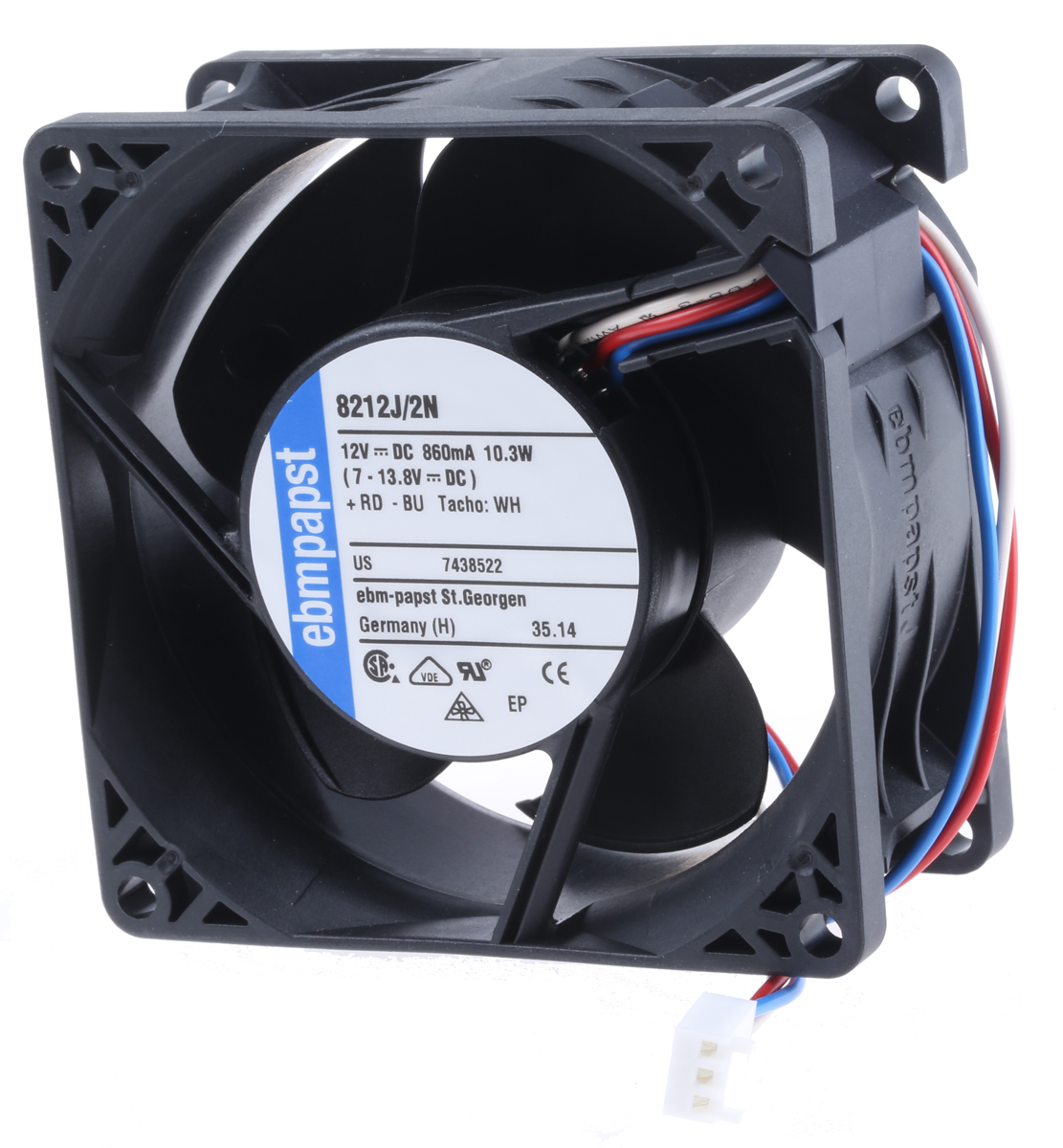 ebm-papst 8200 J Series Axial Fan, 12 V dc, DC Operation, 132m³/h, 10W, 80 x 80 x 38mm