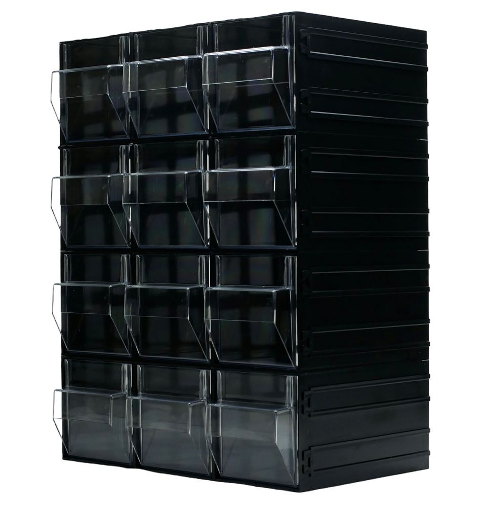 RS PRO 12 Drawer Storage Unit, Polystyrene, 450mm x 338mm x 225mm, Black, Transparent