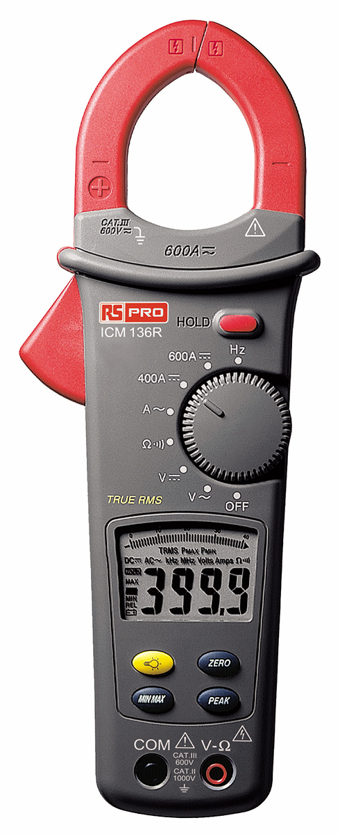 RS PRO ICM136R Clamp Meter, 600A dc, Max Current 600A ac CAT II 1000 V, CAT III 600 V With UKAS Calibration