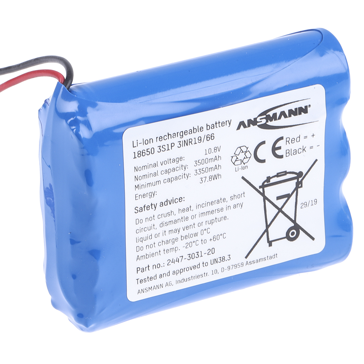 Ansmann 10.905V Lithium-Ion Rechargeable Battery Pack, 3.5Ah - Pack of 1