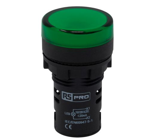 RS PRO, Panel Mount Green LED Pilot Light, 22mm Cutout, IP65, Round, 110V ac/dc