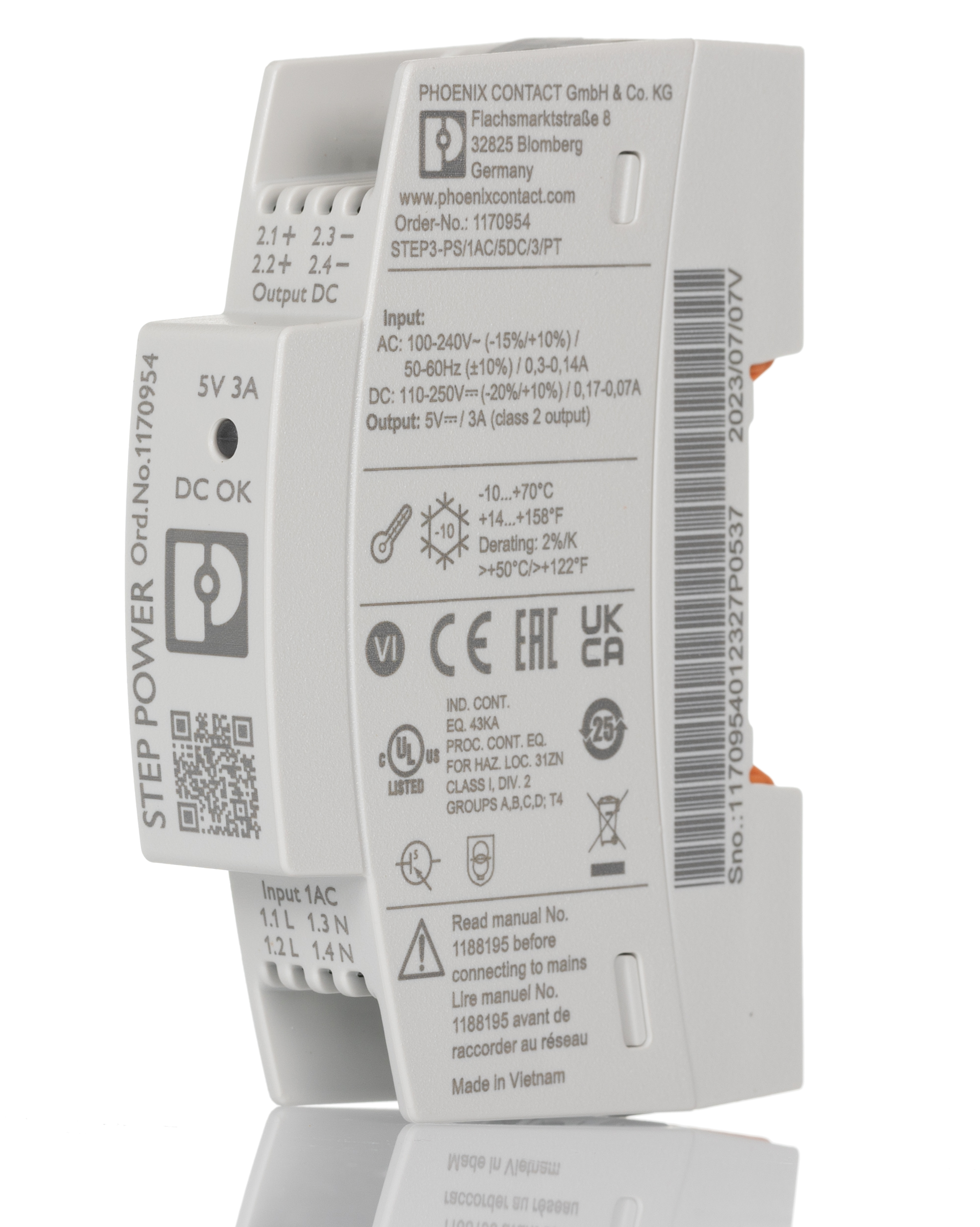 Phoenix Contact STEP POWER Switched Mode DIN Rail Power Supply, 100 → 240V ac ac Input, 5V dc dc Output, 3A