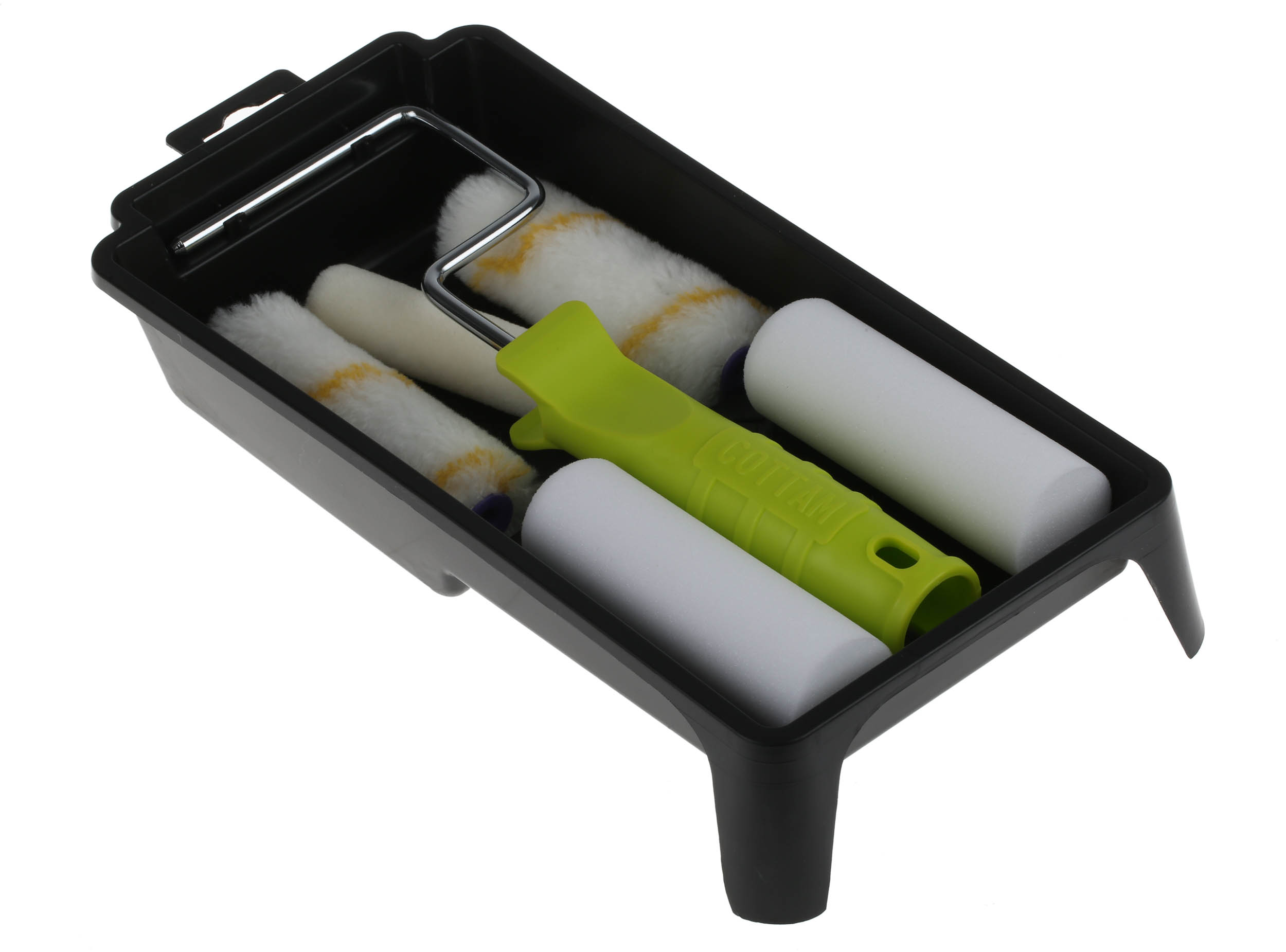 Cottam Paint Roller and Tray Kit includes: 2 x Acrylic Roller Sleeve, 2 x Foam Roller Sleeve, Mini Roller Cage Frame,