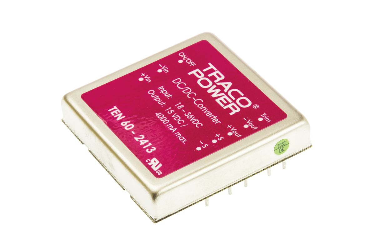 TRACOPOWER TEN 60 DC-DC Converter, 15V dc/ 4A Output, 18 → 36 V dc Input, 60W, Through Hole, +85°C Max Temp