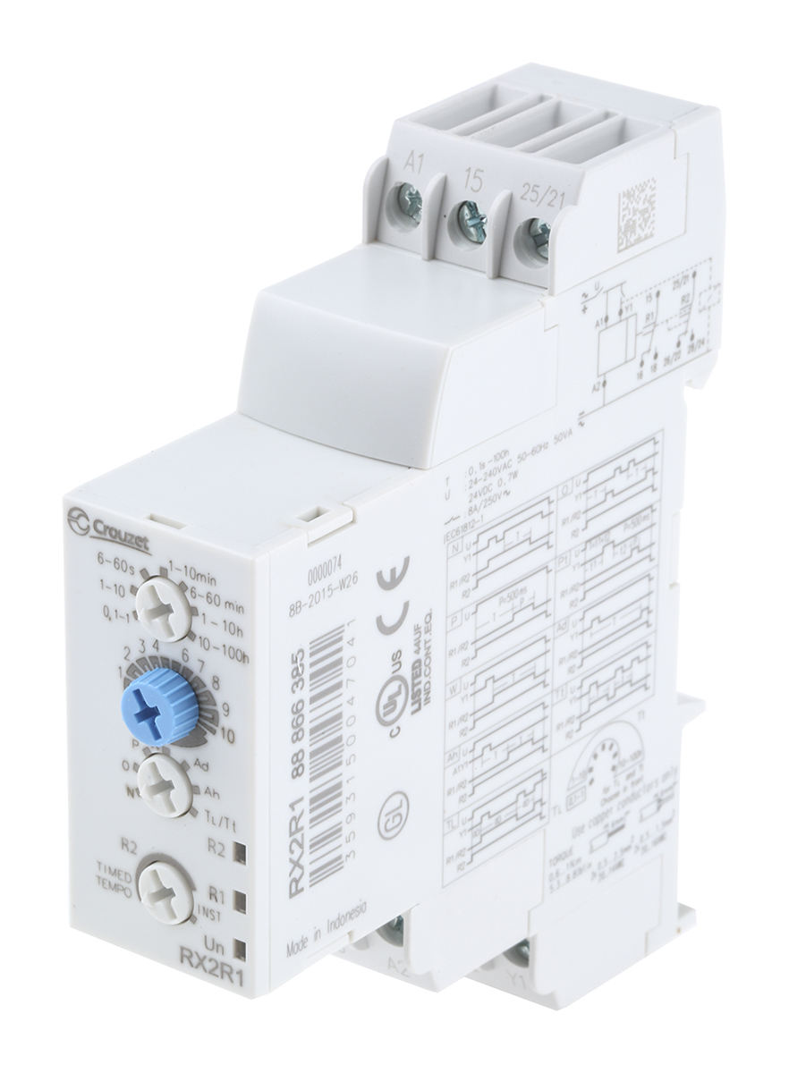 Crouzet DIN Rail Mount Timer Relay, 24 V dc, 24 → 240V ac, 2-Contact, 0.1 s → 100h