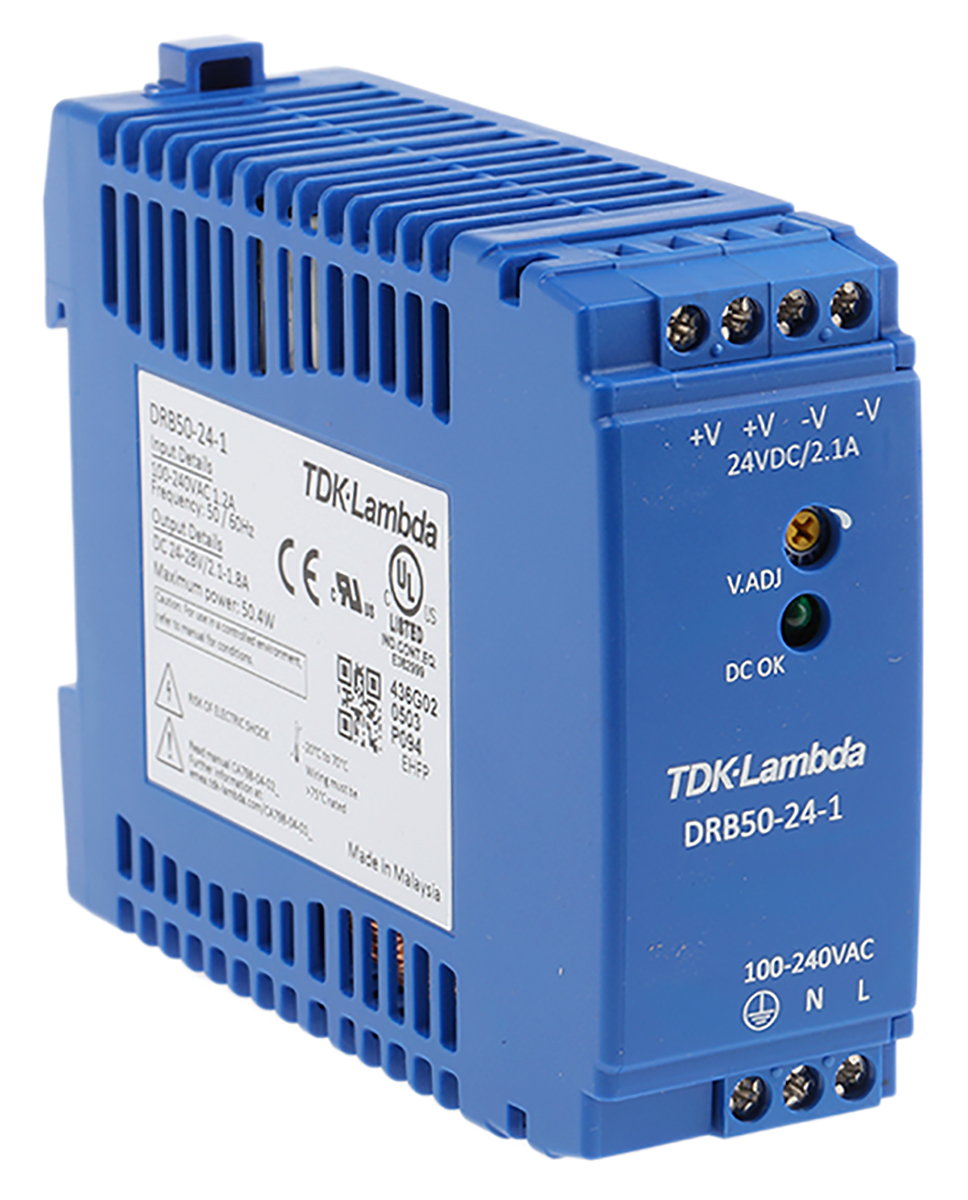 TDK-Lambda DRB Switched Mode DIN Rail Power Supply, 85 → 264V ac ac Input, 24V dc dc Output, 2.1A Output, 50W