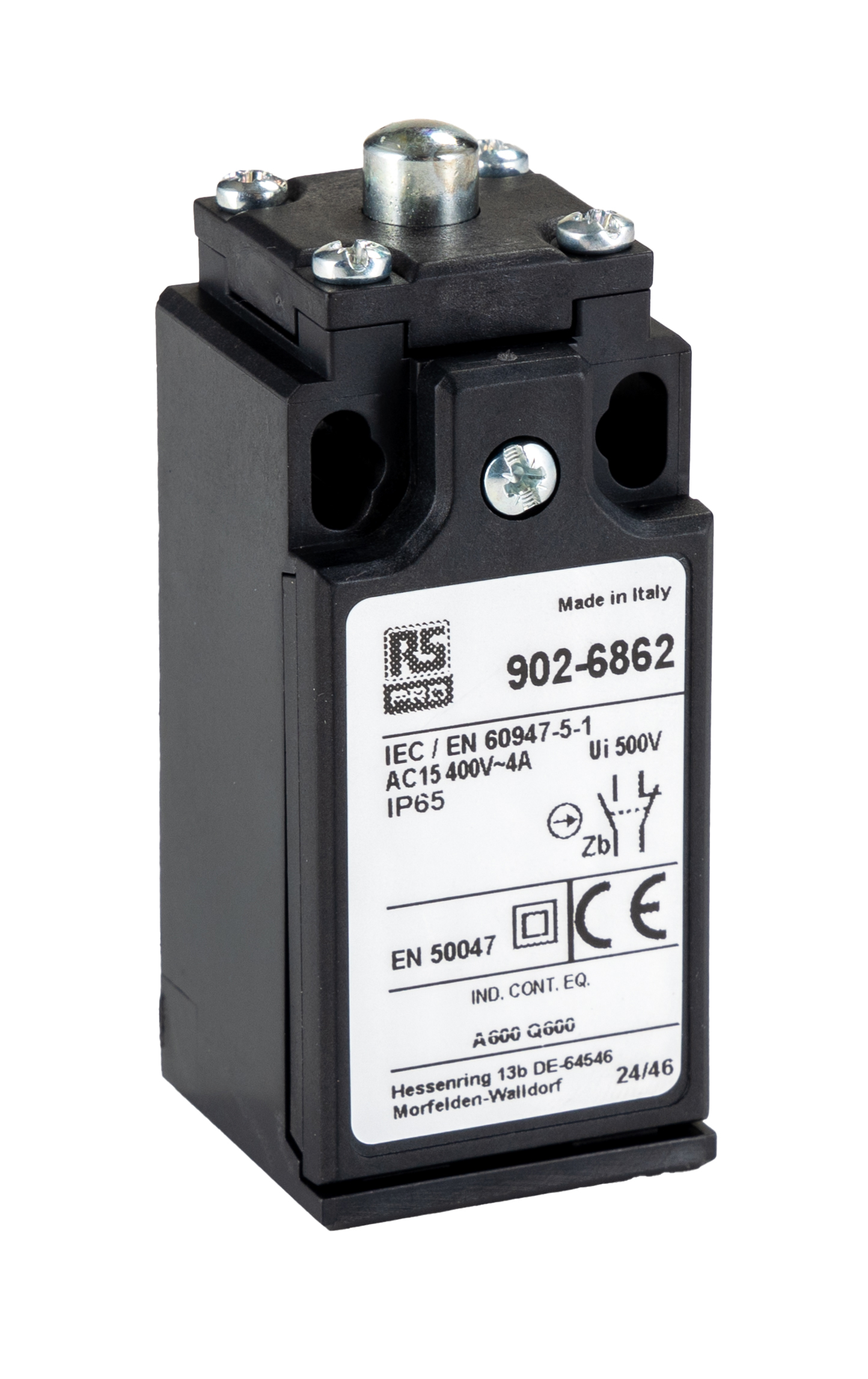 RS PRO Plunger Limit Switch, NO/NC, IP65, DPST, Thermoplastic Housing, 400V ac Max, 10A Max