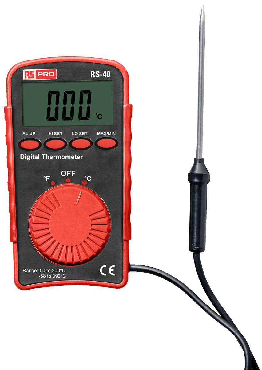 RS PRO RS40 Wired Digital Thermometer, 1 Input(s), +200 °C, +392°F Max, ±2 °C, ±4 °F Accuracy - With RS Calibration