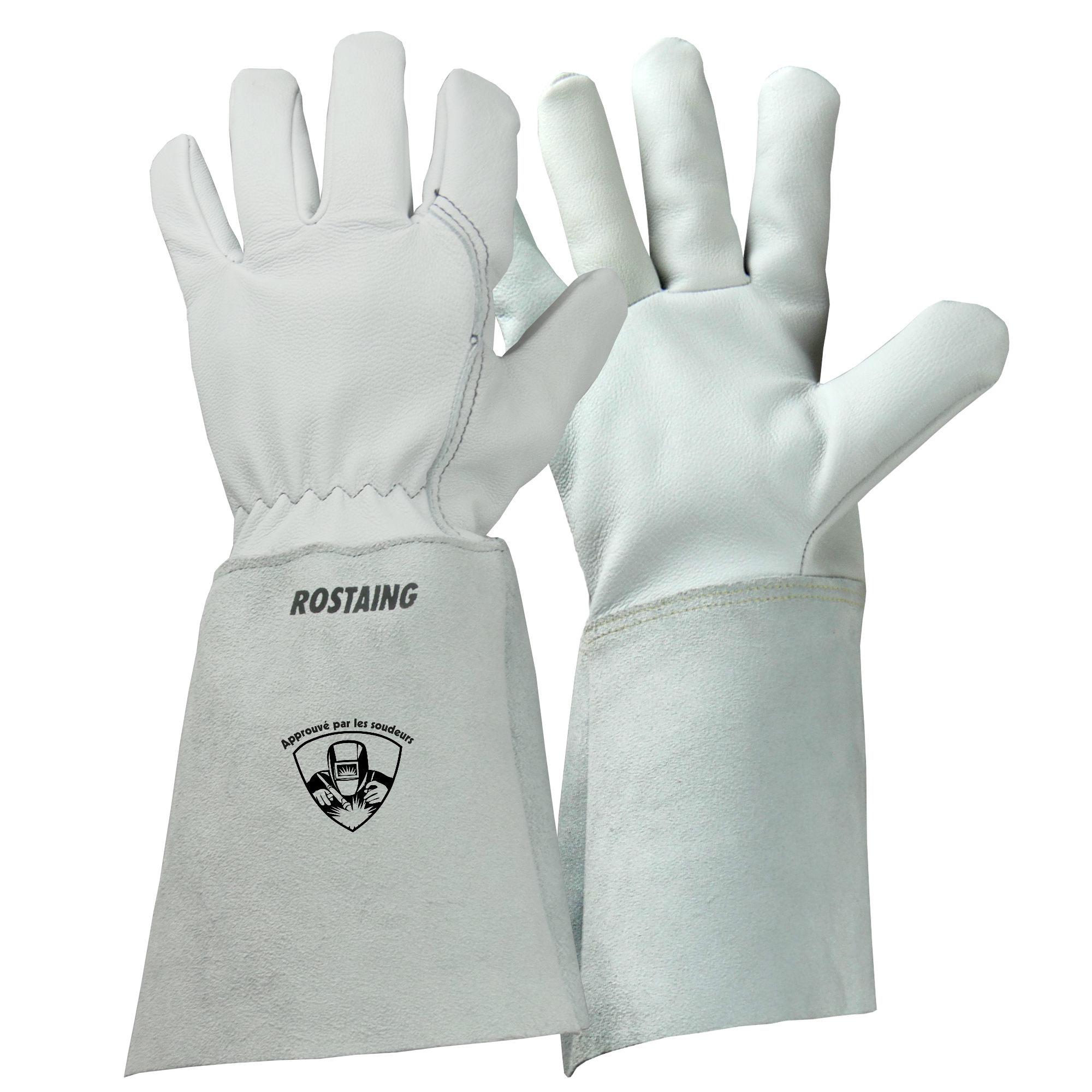 Rostaing Grey, White Leather, Para Aramid Welding Gloves 35 cm Heat Resistant, Cut Resistant
